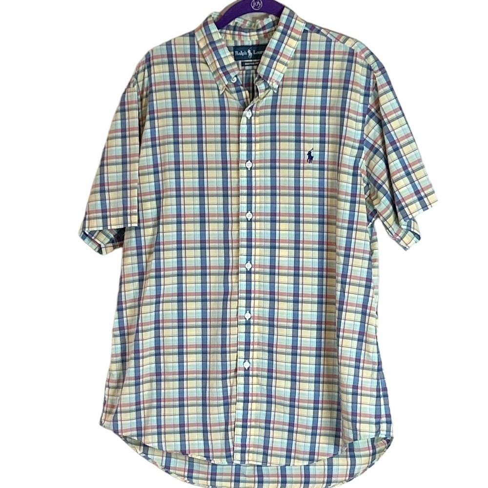 Ralph Lauren Men's Custom Fit Short Sleeve Cotton Plaid Shirt Pony Size Large